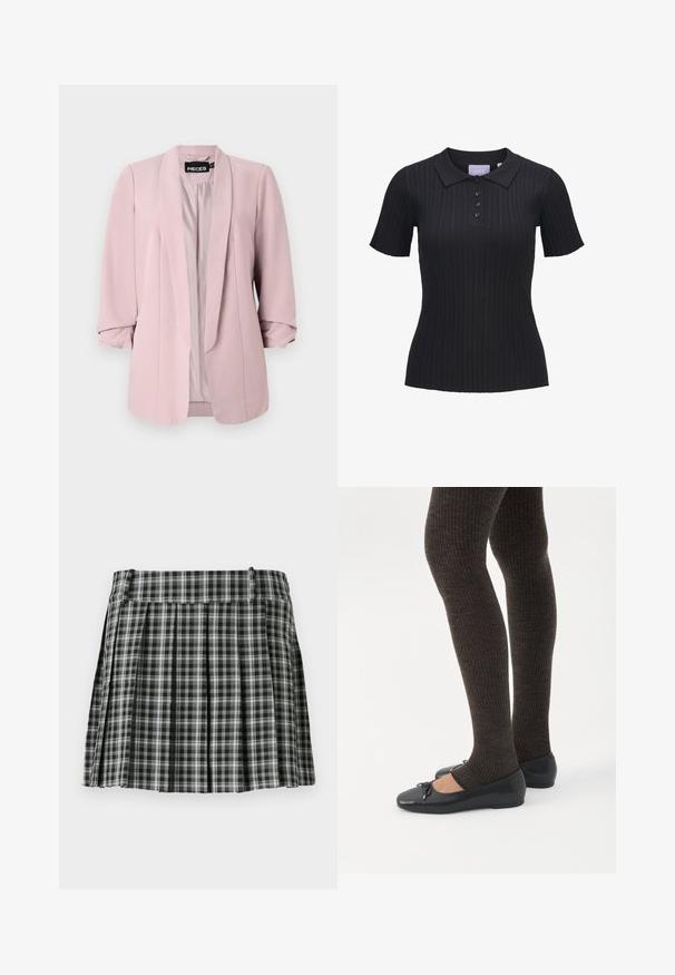 Lyserød blazer lavet af glat stof, med sjalkrave, opslåede ærmer og forreste dart. Indvendigt er den foret i en matchende farve.; Sort kortærmet ribstrikket polo i strik med fire knapper og traditionelt krave.; Sort-hvidt ternet plisseret nederdel med en glat talje og flere lodrette folder. Fremstillet af let stof.; Ben iført mørke ribbede leggings kombineret med sorte balletsko med små sløjfedetaljer på hvid baggrund.