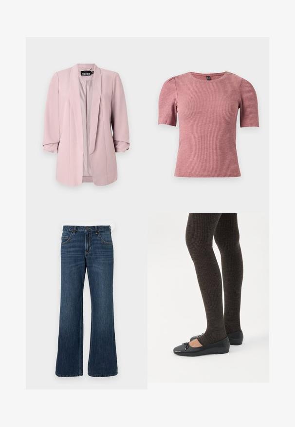 Lichtroze blazer gemaakt van een soepel materiaal, met een sjaalkraag, opgerolde mouwen en verticale inzetten aan de voorkant. De binnenzijde is gevoerd in een bijpassende kleur.; Korte mouwen, gestructureerd topje in stof met ribbels in poederroze. Ronde halslijn met subtiele pofmouwen. Getailleerde pasvorm, rekbaar materiaal.; Donkerblauwe wijde jeans met klassiek ontwerp met vijf zakken, voorzien van een knoopsluiting en subtiele vervaging. Gemaakt van denimstof.; Benen met donkere geribbelde leggings gecombineerd met zwarte ballerina's met kleine strikdetails op een witte achtergrond.