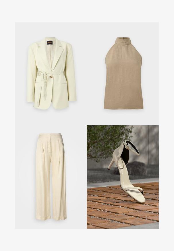 Blazer sur mesure couleur crème avec revers crantés, fermeture à un bouton, poches latérales, et ceinture en tissu nouée à la taille.; Haut beige sans manches avec col montant et fermeture par boutons au dos, confectionné en tissu léger.; Pantalon en soie crème taille haute avec plis, jambes larges et fermeture éclair avant dissimulée sur un fond blanc uni.; Sandale beige à talons hauts avec bride à la cheville posée sur des lattes en bois en extérieur, avec un arrière-plan flou de verdure et de béton.
