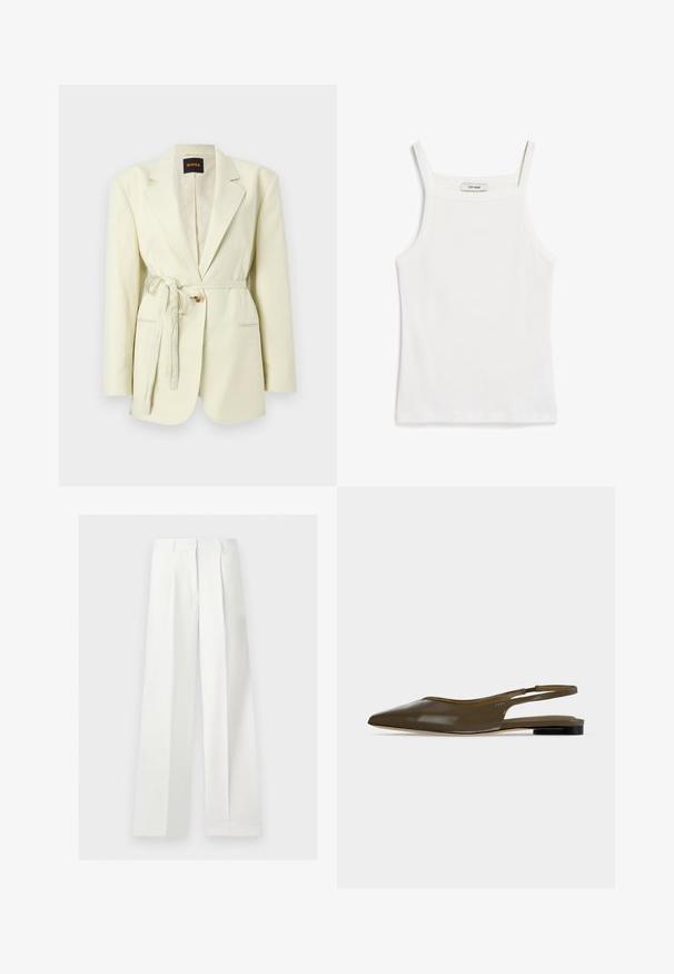 Blazer sur mesure couleur crème avec revers crantés, fermeture à un bouton, poches latérales, et ceinture en tissu nouée à la taille.; Débardeur blanc à fines bretelles, en tissu de coton côtelé, avec un décolleté droit et une finition soignée à l'ourlet.; Pantalon blanc taille haute à jambes larges, confectionné, avec plis devant et fermeture éclair cachée.; Chaussure plate à bout pointu vert olive avec bride arrière, talon noir bas et finition lisse et brillante.