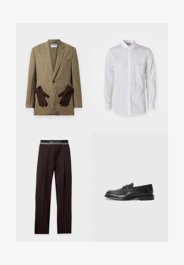 Khaki-Blazer mit einem einzigen Knopf, mit Revers und zwei Vordertaschen. Braune Handschuhe im Taschenfach platziert. Glattes Material, strukturierter Schnitt.; Weißes Langarmhemd mit Knopfverschluss, Knopfkragen und dezent gesticktem Logo auf der linken Brust.; Schwarze Hose mit geradem Bein und einem elastischen Bund mit Markenlogo in Schwarz und Grau, flach auf weißem Hintergrund dargestellt.; Schwarze Lederloafers mit runder Zehenform, genähten Details und einem kleinen goldenen Akzent an der Vorderseite. Die Sohle ist flach und unauffällig.