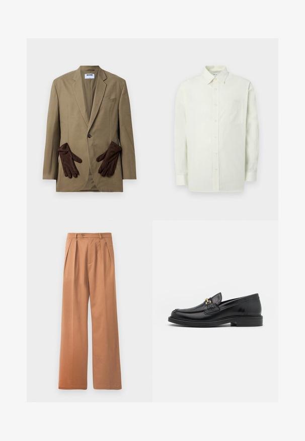 Khaki blazer med enkelt knap, v-formede slag og to frontlommer. Brune handsker placeret i lommen. Glat stof, struktureret design.; Lys grøn skjorte med knaplukning, lavet af tekstureret stof med krave, lange ærmer og en enkel brystlomme. Klassisk design med knapper foran.; Tan brede bukser med flad front, folder og en enkelt knaplukning i taljen. Glat tekstur og fuldlængde design.; Sorte læder loafers med en rund tå, der har guld hardware accent og syningsdetaljer, placeret på en lav, tekstureret gummisål.