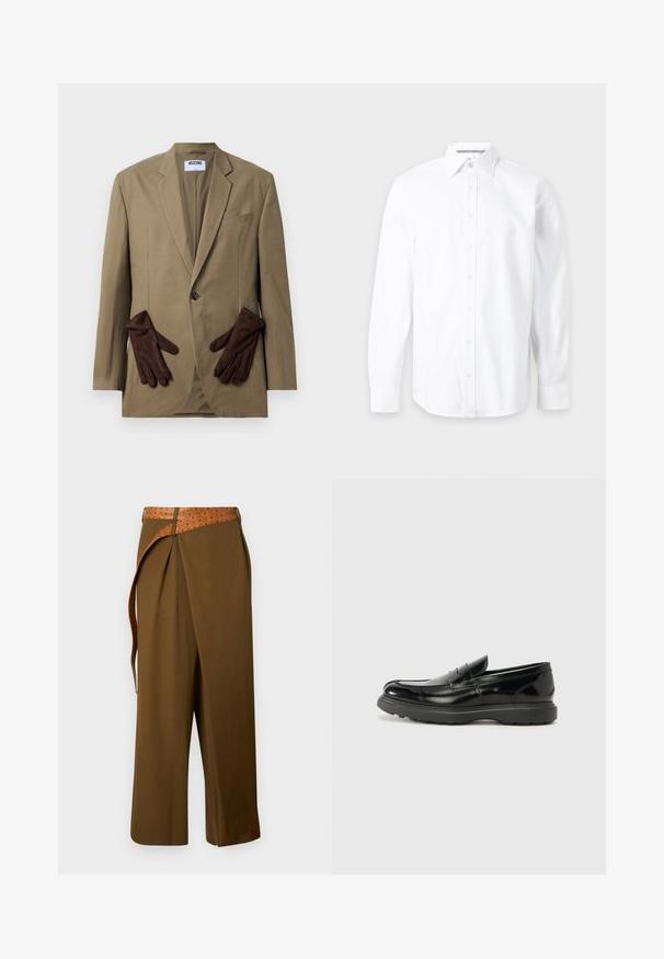 Khaki-Blazer mit einem einzigen Knopf, mit Revers und zwei Vordertaschen. Braune Handschuhe im Taschenfach platziert. Glattes Material, strukturierter Schnitt.; Langärmliges weißes Hemd mit Knopfleiste und spitzem Kragen, auf einem einfarbigen hellgrauen Hintergrund dargestellt.; Braune Hose mit weitem Bein, hoher Taille und einem strukturierten beigen Gürtel, der durch die Bundschlaufen an einem schlichten Hintergrund gezogen ist.; Schwarze Lederloafer mit glanzendem Finish, abgerundetem Zehenbereich, subtilen Steppnähten und einer dicken Gummisohle für Langlebigkeit.