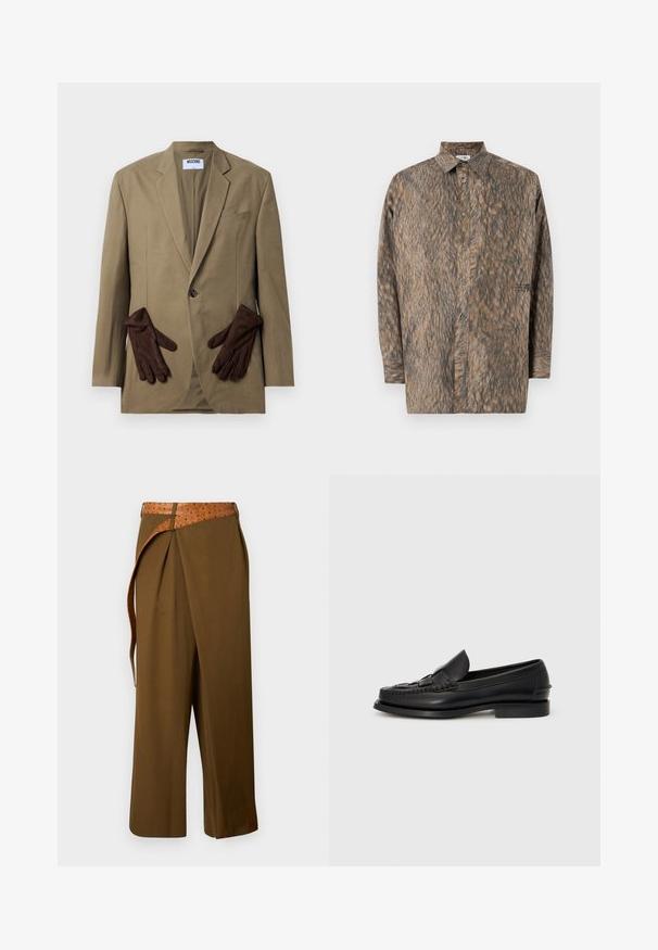 Khaki-Blazer mit einem einzigen Knopf, mit Revers und zwei Vordertaschen. Braune Handschuhe im Taschenfach platziert. Glattes Material, strukturierter Schnitt.; Hemd mit Knopfleiste im Kunstfellmuster in Braun- und Grautönen, ausgestattet mit einem Kragen, langen Ärmeln und einer Brusttasche.; Braune Hose mit weitem Bein, hoher Taille und einem strukturierten beigen Gürtel, der durch die Bundschlaufen an einem schlichten Hintergrund gezogen ist.; Schwarze Lederloafer mit einem geflochtenen Detail auf der Vorderseite, runder Zehenpartie und niedrigem Absatz. Glatte Textur und minimalistisches Design.