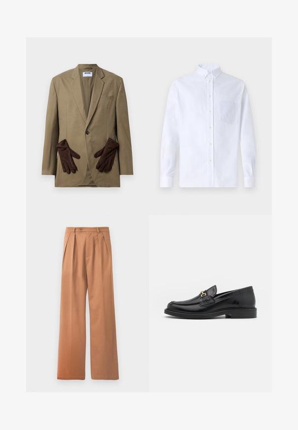 Khaki-Blazer mit einem einzigen Knopf, mit Revers und zwei Vordertaschen. Braune Handschuhe im Taschenfach platziert. Glattes Material, strukturierter Schnitt.; Weißes Langarm-Hemd mit Knöpfen aus Baumwolle, ausgestattet mit einer Brusttasche mit tonalem Stickerei, einem Kragen und Knopfmanschetten.; Beige weit geschnittene Hose mit flachem Frontdesign, Falten und einem einzelnen Knopfverschluss an der Taille. Glatte Textur und knöchellanges Design.; Schwarze Lederleter mit einer abgerundeten Zehenpartie, ausgestattet mit goldenen Hardwareakzenten und Stichdetails, auf einer niedrigen, strukturierten Gummisohle.