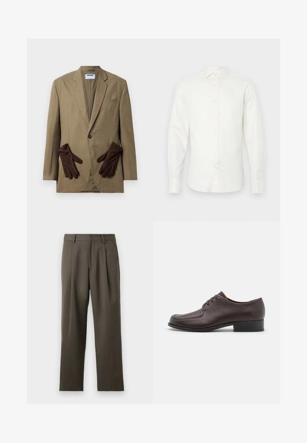 Khaki blazer med enkelt knap, v-formede slag og to frontlommer. Brune handsker placeret i lommen. Glat stof, struktureret design.; Hvid langærmet skjorte lavet af glat materiale, med krave, frontlukning med knapper og lige kant med håndledsmanchetter.; Bukser i mørke olivengrønne, skræddersyet pasform, plisseret front, letvægtsstof, lige ben-design, med en glat overflade og uden synlige dekorationer.; Brune lædersko til mænd med en glat overflade, rund tå og lukket snørebåndsdesign. Har en lav, stablet hæl og diskrete syninger.