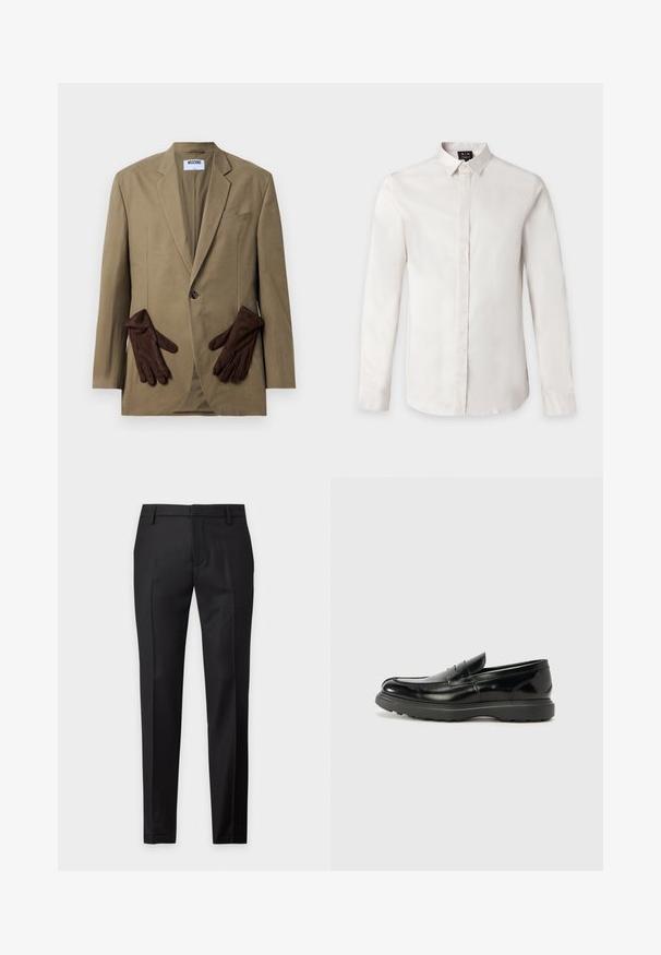 Khaki blazer med enkelt knap, v-formede slag og to frontlommer. Brune handsker placeret i lommen. Glat stof, struktureret design.; Hvid skjorte med lange ærmer, spids krave og skjult knapstolpe på ensfarvet baggrund.; Sorte skræddersyede slim-fit formelle bukser med bæltestropper og ren frontdesign, vist på en ensfarvet lys baggrund.; Sort læderloafer med en blank finish, rund tå, subtile syninger og en tyk gummisål for holdbarhed.
