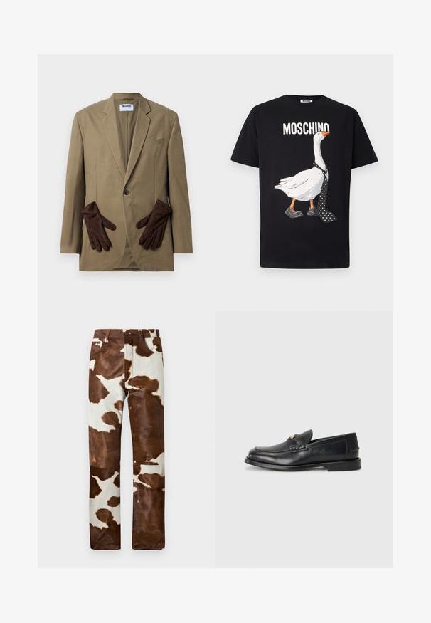 Khaki blazer med enkelt knap, v-formede slag og to frontlommer. Brune handsker placeret i lommen. Glat stof, struktureret design.; Sort t-shirt med et hvidt gåsemotiv, der bærer slips med polkaprikker og sorte sko. "Moschino" er trykt over designet i hvid tekst.; Koe-mønstrede bukser i en blanding af brun og beige. Har en afslappet pasform, robust denim-materiale og klassisk fem-lomme design.; Sorte læder loafers har en afrundet tå, syede detaljer og en lille gylden accent foran. Sålen er flad og diskret.