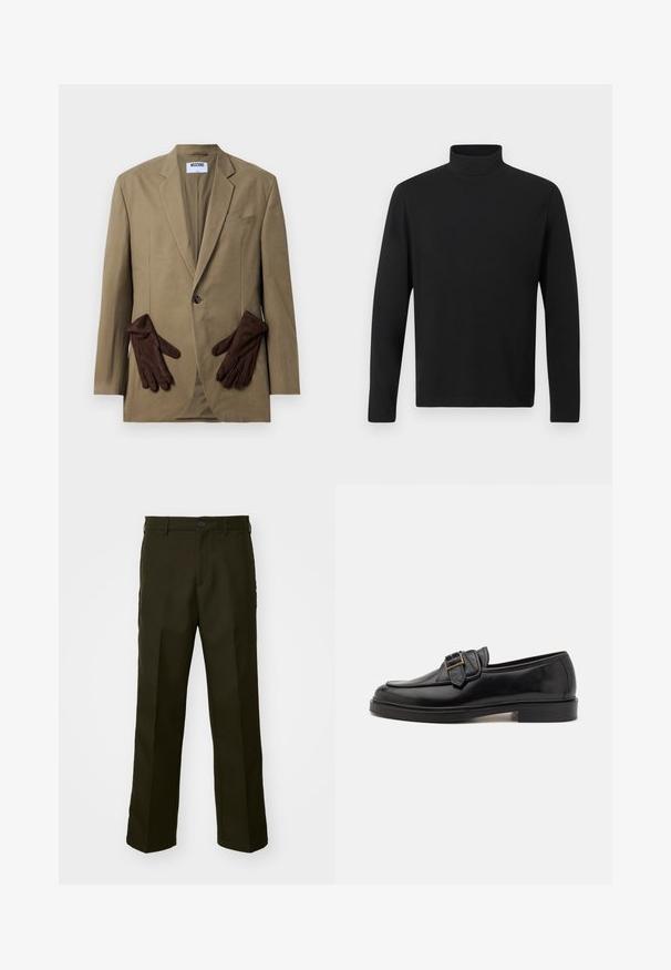 Khaki blazer med enkelt knap, v-formede slag og to frontlommer. Brune handsker placeret i lommen. Glat stof, struktureret design.; Sort turtleneck skjorte lavet af glat stof. Har lange ærmer og en høj krave. Enkel design uden yderligere mønstre eller accenter.; The Kooples PANTALON - Bukser - kaki; Sorte læder loafers med rund tå og en dekorativ spændeaccent. Flad, solid hæl og glat tekstur hele vejen igennem.
