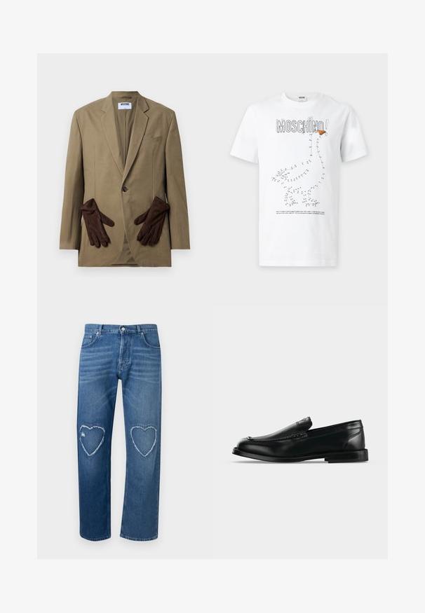 Khaki-Blazer mit einem einzigen Knopf, mit Revers und zwei Vordertaschen. Braune Handschuhe im Taschenfach platziert. Glattes Material, strukturierter Schnitt.; Weißes Moschino T-Shirt mit schwarzer gepunkteter Verbinde-die-Punkte-Umrisszeichnung einer Ente und einem orangefarbenen Schnabel auf der Vorderseite.; Blaue Denim-Jeans mit hoher Taille, geraden Beinen und ausgefransten, herzförmigen Ausschnitten an beiden Knien.; Schwarzer Leder-Loafer mit niedrigem Absatz, abgerundeter Zehenform und Ziernähten entlang des oberen Randes.
