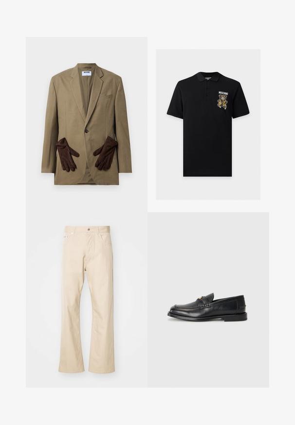 Khaki-Blazer mit einem einzigen Knopf, mit Revers und zwei Vordertaschen. Braune Handschuhe im Taschenfach platziert. Glattes Material, strukturierter Schnitt.; Schwarzes Poloshirt mit kurzen Ärmeln und einer Dreiknopfleiste, mit einer Teddybär-Grafik und dem Text "Moschino" auf der linken Brust.; Beige Hose aus Baumwolle mit geradem Bein, zwei vorderen Taschen, Gürtelschlaufen und einem Metallknopfverschluss.; Schwarze Lederloafers mit runder Zehenform, genähten Details und einem kleinen goldenen Akzent an der Vorderseite. Die Sohle ist flach und unauffällig.