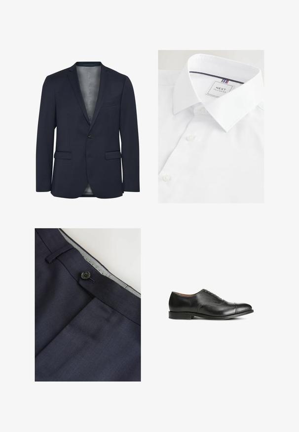 Marineblazer van textuurstof, met een enkele knoop aan de voorkant, twee voorzakken en een gladde grijze voering. Opvallend door zijn op maat gemaakte ontwerp.; Witte dress shirt met een gestructureerde stof, klassieke kraag en een kleine knopenlijst. Label leest "NEXT TAILORING" met gekleurde accenten.; Marineblauwe broeken met een smalle voorkant, voorzak en een zwarte knoopsluiting. De binnenkant heeft een gestreepte stoffen accent op de tailleband.; Zwarte leren dresschoenen met een gladde afwerking, ronde neus, vijf oogjes voor veters en een lage gestapelde hak. Bevat subtiele stikdetails.