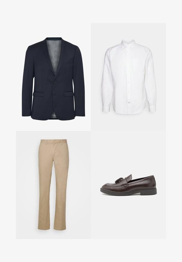 Marineblazer van textuurstof, met een enkele knoop aan de voorkant, twee voorzakken en een gladde grijze voering. Opvallend door zijn op maat gemaakte ontwerp.; GAP STANDARD OXFORD - Overhemd - white; Beige rechte broek van katoenen stof met een platte voorkant en ceintuurlussen. Voorzien van een enkele knoopsluiting en omgeslagen manchetten.; Bruine leren loafers met een ronde neus, een decoratieve kwast, gestikte details en een lage rubberen hak voor extra comfort.