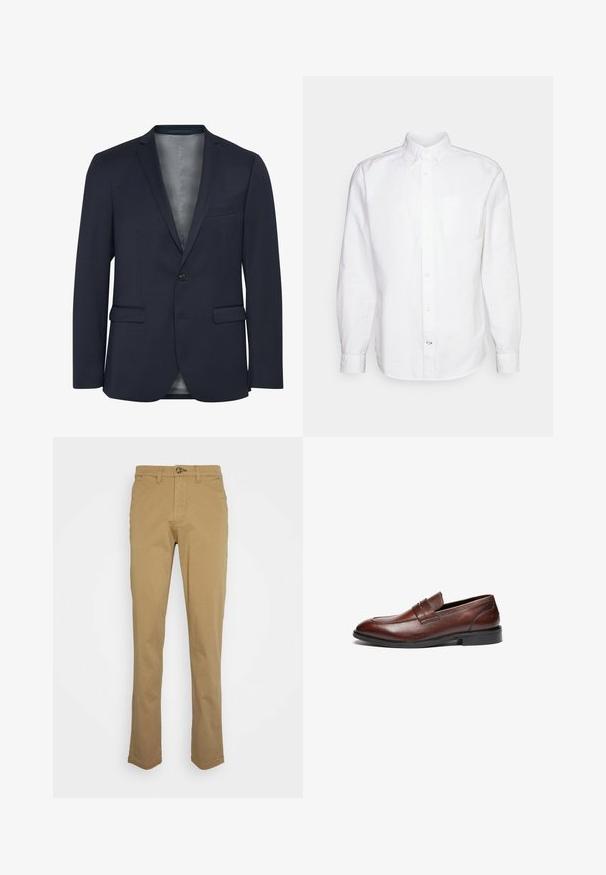 Marineblazer van textuurstof, met een enkele knoop aan de voorkant, twee voorzakken en een gladde grijze voering. Opvallend door zijn op maat gemaakte ontwerp.; GAP STANDARD OXFORD - Overhemd - white; Khaki chinos met een slim fit, gemaakt van een katoenmix. Voorzien van een knoopsluiting en standaard vijf-pocketontwerp. Soepele textuur.; Bruine leren loafers met een gladde afwerking, ronde neus, decoratieve band en zwarte rubberen zool. Heeft een minimale stiksel details.