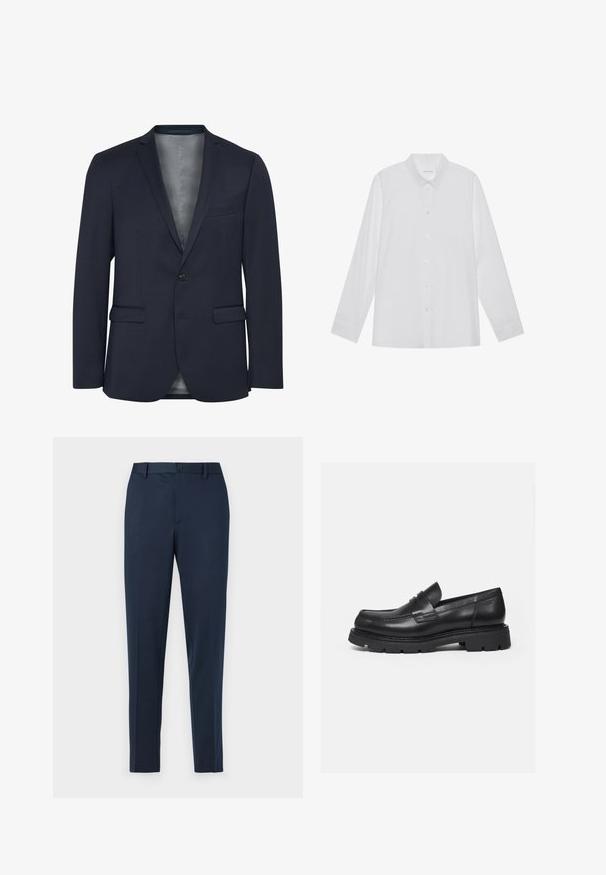 Marineblazer van textuurstof, met een enkele knoop aan de voorkant, twee voorzakken en een gladde grijze voering. Opvallend door zijn op maat gemaakte ontwerp.; Witte blouse met lange mouwen van soepel stof, met een puntige kraag, voorkant met knoopsluiting en manchetten met één knoop.; Marineblauwe op maat gemaakte broeken met een rechtvallende fit, voorzien van een knoopsluiting en riemlussen. Gemaakt van glad, lichtgewicht materiaal.; Zwarte leren loafer met dikke geribbelde zool en pennyriemdetail, getoond in rechter zijprofiel op witte achtergrond.