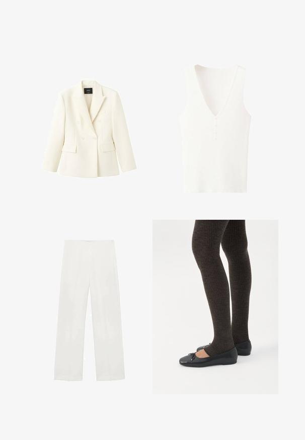Mango Blazer - ecru; Sleeveless white ribbed knit top with V-neck and three small buttons down the front center.; Wide-leg trousers in white fabric feature a smooth texture, clean lines, and a subtle sheen, with no visible hardware or patterns.; Legs wearing dark ribbed leggings paired with black ballet flats featuring small bow details on a white background.