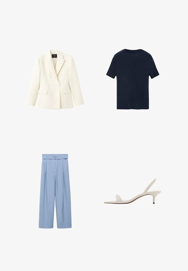 Mango Blazer - ecru; Navy blue short-sleeve t-shirt, round neckline, made of soft fabric, featuring a straight cut and no visible patterns or accents.; Light blue wide-leg trousers made of smooth fabric, featuring a belted waist, pleats, and side pockets for a relaxed fit.; White open-toe slingback sandal with a low kitten heel and a single front strap.