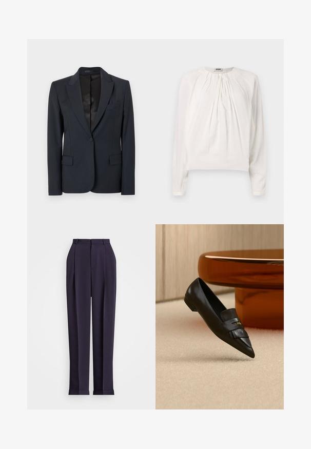 Mørkeblå blazer med en struktureret design, med både klappeslag, enkeltknaplukning og to forsæde lommer. Glat stof med en subtil tekstur.; Hvid langærmet bluse med rund halsudskæring og plisseret front. Blødt, glat stof med afslappet pasform og knapdetalje ved kraven.; Marineblå skræddersyede bukser med høj talje, plisseret front og smal kant. Fremstillet af et glat stof med en poleret overflade.; Sort spids tå læder loafer med frynse detaljer, placeret på beige tæppe nær et rundt orange glasbord.