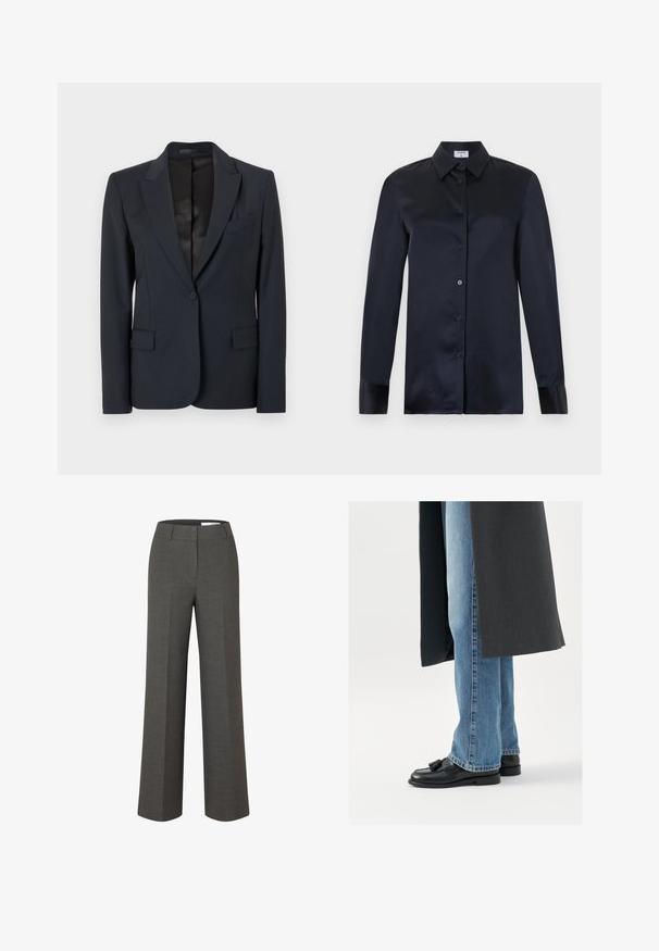 Mørkeblå blazer med en struktureret design, med både klappeslag, enkeltknaplukning og to forsæde lommer. Glat stof med en subtil tekstur.; Sort langærmet silke-bluse med spids krave, knappelukning foran og manchetærmer, vist på en ensfarvet lys baggrund.; Mørkegrå skræddersyede bukser med vide ben, frontbirl og taljebånd med bæltestropper på hvid baggrund.; Sorte læderloafer med kvaster, båret med lyseblå lige ben jeans, suppleres af en mørkegrå frakke. Rene linjer og struktureret stof.