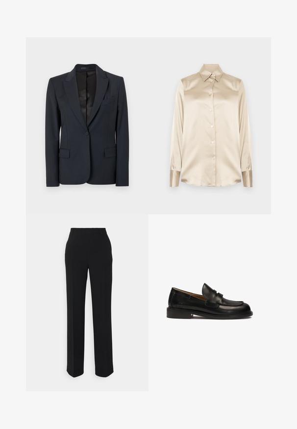 Blazer bleu navy foncé avec un design structuré, des revers crantés, une fermeture à un seul bouton et deux poches avant. Tissu lisse avec une texture subtile.; Chemise en satin beige avec un col pointu, des manches longues, une fermeture par boutons et des poignets à la finition légèrement plus brillante. Pas de motifs ni d'accents.; Pantalons noirs à jambes droites avec une texture lisse. Dotés d'une taille et sans motifs ou accents visibles. Design classique et ajusté.; Mocassin en cuir noir avec un embout arrondi, une sangle décorative sur le dessus et un petit talon empilé. Texture lisse et détails de couture minimalistes.