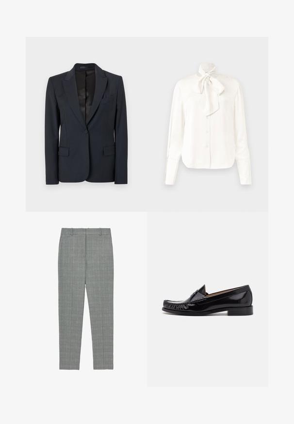 Mørkeblå blazer med en struktureret design, med både klappeslag, enkeltknaplukning og to forsæde lommer. Glat stof med en subtil tekstur.; Hvid langærmet bluse i et let materiale med høj krave og stort Sløjfedetalje ved halsen, der har en knappet front.; Grå ternede tapered bukser med bæltestropper og flad front, designet til en skræddersyet pasform.; Sorte læder moccasin sko med en skinnende finish, der har frynsedetaljer langs fronten og en lav stabelhælk.
