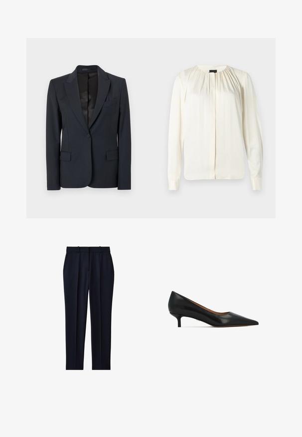 Donker marineblauwe blazer met een gestructureerd ontwerp, net iets gesneden revers, gesloten met een enkele knoop en twee voorzakken. Glad stof met een subtiele textuur.; Langsleeve blouse in off-white zijde. Kenmerkt zich door een ronde halslijn, zachte plooien op de schouders en knoopmanchetten. Glad textuur en minimalistisch ontwerp.; Marineblauwe op maat gemaakte broek met riemlussen, zijzakken, voorplooi en rechte pijpen.; Zwarte leren pumps met kittenhak, een puntige neus, een glad oppervlak en een bescheiden hak. Eenvoudig ontwerp zonder versieringen.