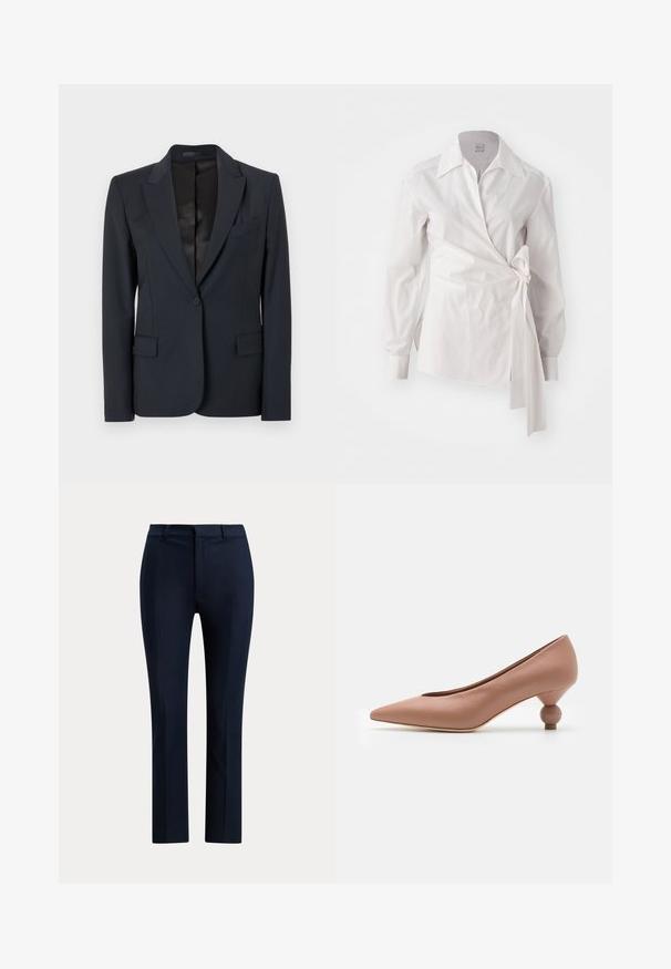 Blazer bleu navy foncé avec un design structuré, des revers crantés, une fermeture à un seul bouton et deux poches avant. Tissu lisse avec une texture subtile.; Blouse blanche à manches longues enroulée avec un col classique et un détail de nœud sur le côté, sur fond uni.; Pantalon droit bleu marine foncé sur mesure avec passants de ceinture et fermeture éclair devant, sur fond blanc.; Weekend Max Mara RENZA - Escarpins - nudo