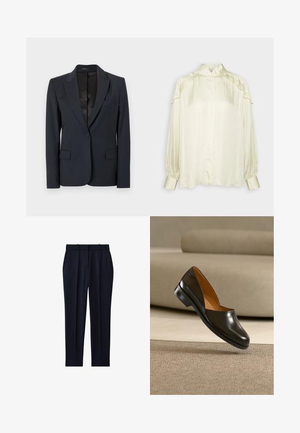 Mørkeblå blazer med en struktureret design, med både klappeslag, enkeltknaplukning og to forsæde lommer. Glat stof med en subtil tekstur.; DAY Birger et Mikkelsen COURTNEY MODERN DRAPE - Skjortebluser - cloud cream; Marineblå skræddersyede bukser med bæltestropper, sidelommer, forreste presning og lige ben pasform.; Sort læder slip-on sko med lav hæl, der svæver over tekstureret beige tæppe, beige sofa i baggrunden.
