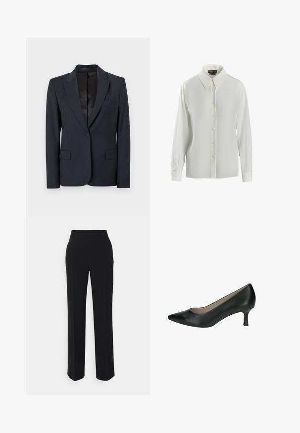 Mørkeblå blazer med en struktureret design, med både klappeslag, enkeltknaplukning og to forsæde lommer. Glat stof med en subtil tekstur.; Luisa Spagnoli LIMONAIA - Skjortebluser - panna; Sorte, lige bukser med en glat tekstur. Har en talje og ingen synlige mønstre eller accenter. Klassisk og skræddersyet design.; Sort læderpumps med spids tå og lav, firkantet hæl. Glat tekstur, diskret glans og uden synligt beslag eller pynt.