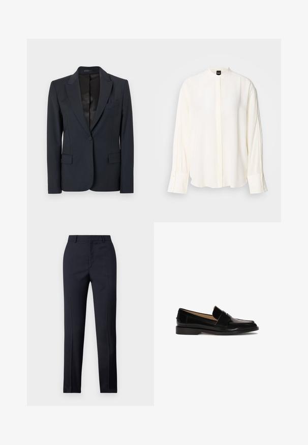 Mørkeblå blazer med en struktureret design, med både klappeslag, enkeltknaplukning og to forsæde lommer. Glat stof med en subtil tekstur.; Langærmet, cremefarvet bluse lavet af glat stof; mandarin-krave, forflap, knappede ærmekanter og en afslappet pasform.; Marineblå skræddersyede bukser med lige snit, der har en glat tekstur, to frontlommer og en ren talje.; Sorte læder loafers med glat finish, afrundet tå og en dekorativ rem over fronten. Lav blokhælsdesign.