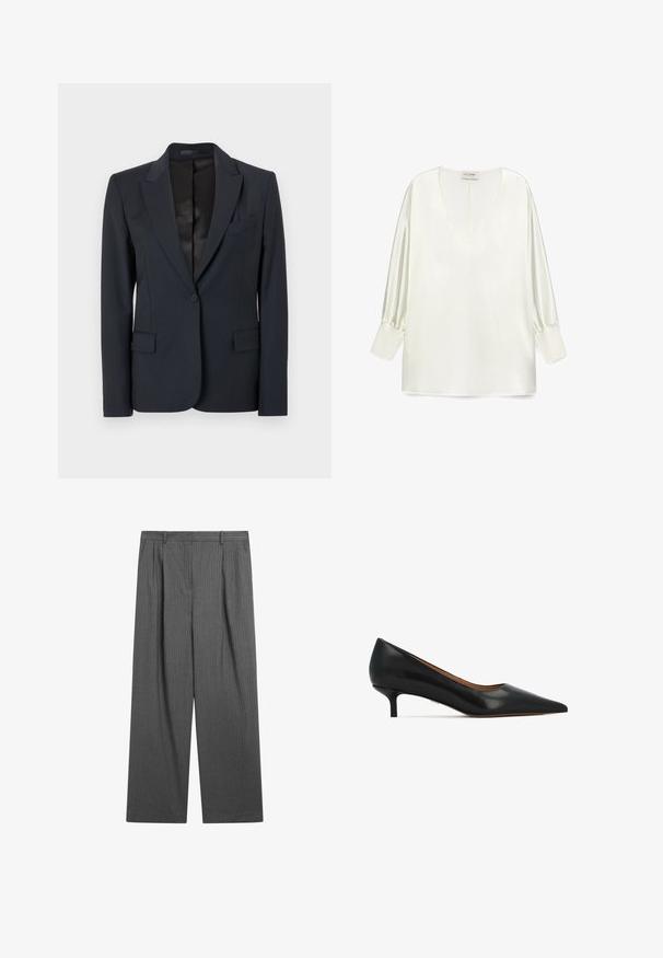 Mørkeblå blazer med en struktureret design, med både klappeslag, enkeltknaplukning og to forsæde lommer. Glat stof med en subtil tekstur.; Hvid satinbluse med en dyb V-hals, lange pufærmer og en lige kant. Stoffet har en glat, blank overflade.; Mørkegrå pinstripe bukser med vid ben, bæltestropper, for-pli og lukning med krog og stang.; Sorte læderpumps med spids tå, glat tekstur og lav hæl. Enkelt design uden pynt.