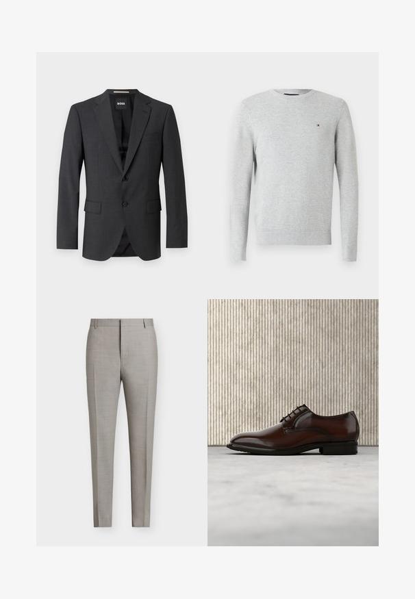Blazer gris foncé avec un revers classique, deux poches avant, fermeture à un bouton et un tissu texturé subtil. L'intérieur est noir.; Pull à col rond à manches longues, gris clair, avec un motif texturé subtil et un petit logo rouge, blanc et bleu sur la poitrine gauche.; Pantalon de costume gris clair sur mesure avec passants de ceinture, pli sur le devant et fermeture éclair sur fond blanc.; Chaussure habillée en cuir brun foncé poli avec lacets flottant au-dessus d'un tapis beige, près d'un meuble arrondi de couleur ambre.