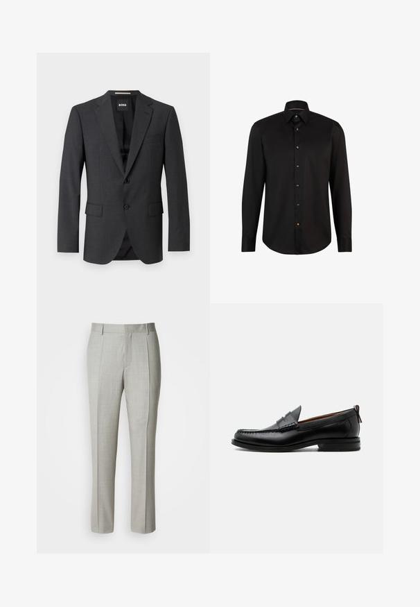 Donkergrijze blazer met een klassieke notch lapel, twee voorzakken, een enkele knopen sluiting en subtiele textuurstof. Binnenzijde is zwart.; Zwarte longsleeve shirt van gladde stof, met een knoopsluiting aan de voorkant met contrasterende knopen en een klassiek kraagontwerp.; Lichtgrijze, op maat gemaakte broek van gladde stof, met een rechte snit, voorplooien en een klassieke tailleband met riemlussen.; Zwarte leren herensloffen met moc toe stiksel, pennyriem, gestructureerde kraag en lage gestapelde hak op witte achtergrond.