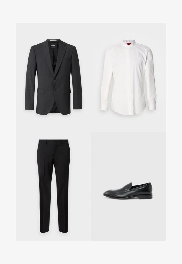 Mørkegrå blazer med klassisk notch-lapel, to forlommer, enkeltknaplukning og subtilt tekstureret stof. Indersiden er sort.; Hvid langærmet skjorte med høj krave, lavet af bomuld. Har en forlomme foran, minimalistisk design og subtil branding på den indvendige krave.; Sorte skræddersyede bukser lavet af glat stof, med lige ben, raffinerede folder og en klassisk talje med bæltestropper.; Sort læder herre loafer med lav hæl, rund tå og lille metallisk logo på remmen, vist i sideprofil på ensfarvet baggrund.