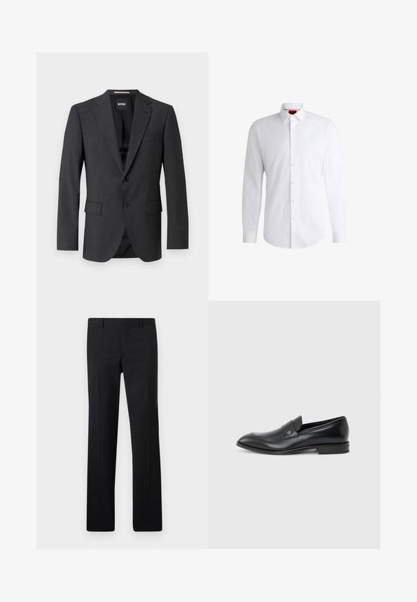 Donkergrijze blazer met een klassieke notch lapel, twee voorzakken, een enkele knopen sluiting en subtiele textuurstof. Binnenzijde is zwart.; Witte overhemden van soepel materiaal met een klassieke kraag, lange mouwen en een afgeronde zoom. Voorzien van beige knopen aan de voorkant.; Zwarte op maat gemaakte pantalon met een recht model, scherpe plooien en een gladde afwerking. Gemaakt van lichtgewicht stof met een strakke tailleband.; Zwarte leren herenslipper met lage hak, afgeronde neus en klein metalen logo op het riempje, zijaanzicht tegen een effen achtergrond.