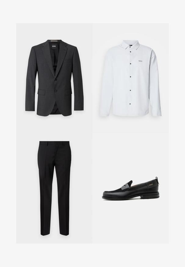 Dunkelgrauer Blazer mit klassischem Revers, zwei Fronttaschen, einknöpfigem Verschluss und subtil strukturiertem Stoff. Das Innenfutter ist schwarz.; Weißes Langarm-Hemd mit Knopfleiste und schwarzem Knöpfen sowie einem Kragen, mit einem kleinen "BOSS"-Logo auf der linken Brust.; Schwarze maßgeschneiderte Hosen aus glattem Stoff, mit geradem Bein, feinen Bügelfalten und einem klassischen Bund mit Gürtelschlaufen.; Schwarzer Lederloafer mit grauem Riemendetail, niedrigem Absatz und strukturierter Sohle, seitlich mit „HUGO“ in Gold gebrandmarkt.