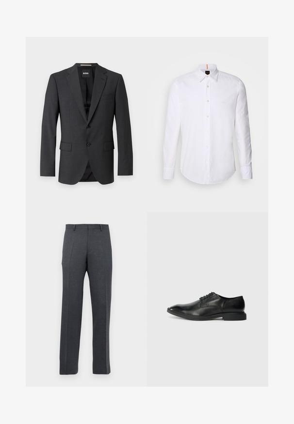 Dunkelgrauer Blazer mit klassischem Revers, zwei Fronttaschen, einknöpfigem Verschluss und subtil strukturiertem Stoff. Das Innenfutter ist schwarz.; Weiße langärmlige Button-Down-Hemd aus Baumwolle, mit klassischem Kragen, subtiler Logo-Detailierung auf der Brust und weißen Knöpfen.; Herrenanzughose in Dunkelgrau, mit Gürtelschlaufen und vorderen Bügelfalten, vor einem weißen Hintergrund präsentiert.; Schwarze Lederdressschuhe mit glatter Textur, spitzer Zehenform, sechs Ösen-Schnürdesign und niedrigem rechteckigem Absatz. Dezentes Branding-Detail an der Seite.
