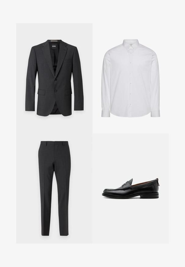Mørkegrå blazer med klassisk notch-lapel, to forlommer, enkeltknaplukning og subtilt tekstureret stof. Indersiden er sort.; Hvid langærmet skjorte med knapper lavet af bomuld. Har en standardkrave, frontplade med knapper og afrundet kant. Diskret mærkelogo.; Mørkegrå skræddersyede bukser med en glat tekstur, slim fit, flad front og bæltestropper, designet til formelt eller forretningsmæssigt tøj.; Sort læder herre loafer med moc-tå syning, penny strop, struktureret krave og lav stablet hæl på hvid baggrund.