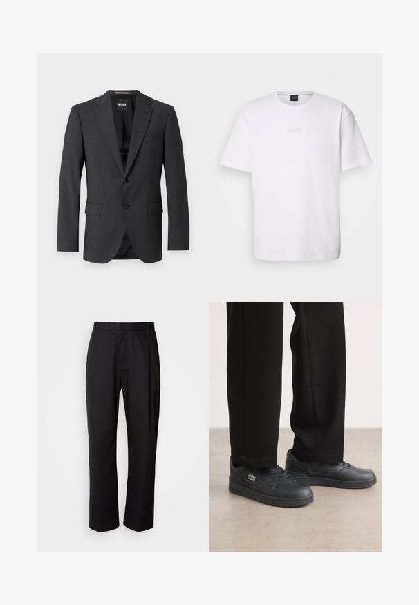 Dunkelgrauer Blazer mit klassischem Revers, zwei Fronttaschen, einknöpfigem Verschluss und subtil strukturiertem Stoff. Das Innenfutter ist schwarz.; Weißes Baumwoll-T-Shirt mit kurzen Ärmeln, rundem Ausschnitt und geprägtem "BOSS"-Logo auf der Brust. Glatte Textur, normale Passform.; Schwarze Hosen mit geradem Schnitt, aus leichtem Stoff gefertigt. Verfügt über einen vorderen Knopfverschluss und zwei seitliche Taschen; glatte Textur.; Schwarze Low-Top-Sneaker aus glattem Leder, mit einer strukturierten Gummisohle, Schnürdesign und einem kleinen grünen gestickten Logo.