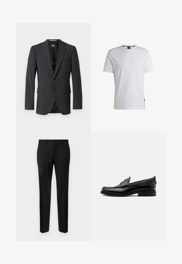 Blazer gris foncé avec un revers classique, deux poches avant, fermeture à un bouton et un tissu texturé subtil. L'intérieur est noir.; T-shirt blanc à manches courtes en coton. Doté d'un col rond et d'une étiquette de marque subtile sur le côté. Texture lisse et design simple.; Pantalons noirs ajustés en tissu lisse, présentant une jambe droite, des détails de pli raffinés et une taille classique avec passants de ceinture.; Mocassin homme en cuir noir avec couture moc toe, bride penny, col texturé et petit talon empilé sur fond blanc.