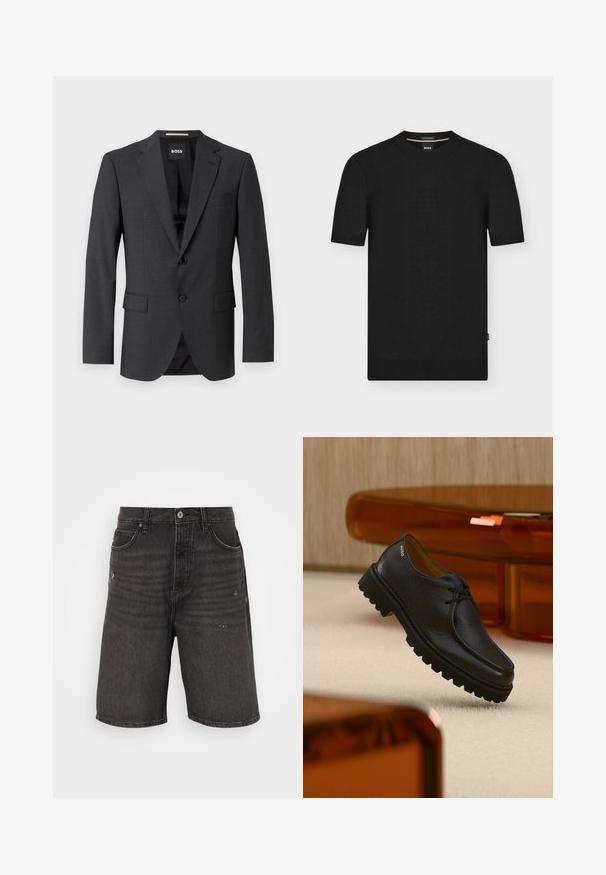 Dunkelgrauer Blazer mit klassischem Revers, zwei Fronttaschen, einknöpfigem Verschluss und subtil strukturiertem Stoff. Das Innenfutter ist schwarz.; Schwarzer kurzärmeliger Strickpullover mit geripptem Rundhalsausschnitt, Bündchen und Saum, mit kleinem Seitenschild und gebrandeter innerer Kragenetikette.; Schwarze Jeansshorts mit lockerer Passform, die über Fronttaschen, eine gebraucht aussehende Textur und einen klassischen Bund mit einem einzelnen Knopfverschluss verfügen.; Schwarzer, strukturierter Leder-Schnürschuh mit dicker, profilierter Sohle, mit dem Markenschriftzug "HUGO" nahe der Ferse, präsentiert vor einem beigen Teppich und bernsteinfarbenen Möbeln.