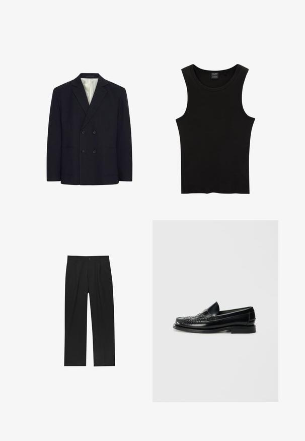 Veste noire croisée à quatre boutons, avec des revers crantés, deux poches avant et doublure intérieure à rayures blanches.; Débardeur noir côtelé sans manches avec encolure ronde et étiquette Pull&Bear à l'intérieur du col.; Pantalons noirs au design droit, fabriqués à partir d'un tissu lisse. Dotés de plis sur le devant et d'une fermeture à un bouton à la taille.; Hereu NOMBELA - Chaussons - black