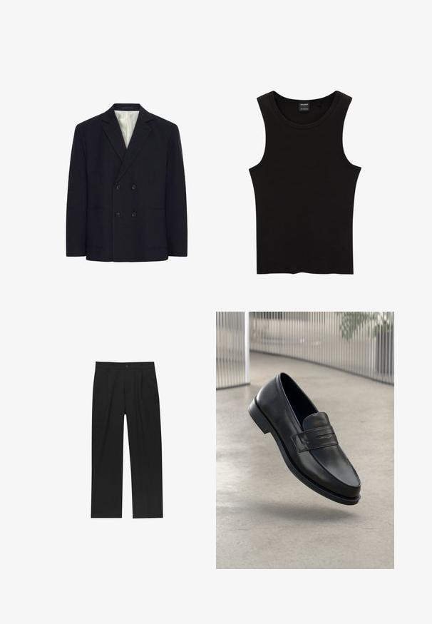 Veste noire croisée à quatre boutons, avec des revers crantés, deux poches avant et doublure intérieure à rayures blanches.; Débardeur noir à côtes avec un col rond et de larges emmanchures, fabriqué à partir d'un tissu doux et extensible. Étiquette : Pull&Bear.; Pantalons noirs au design droit, fabriqués à partir d'un tissu lisse. Dotés de plis sur le devant et d'une fermeture à un bouton à la taille.; Mocassin en cuir noir à texture lisse, bout pointu et bande décorative sur le cou-de-pied. Semelle légère, design minimaliste.