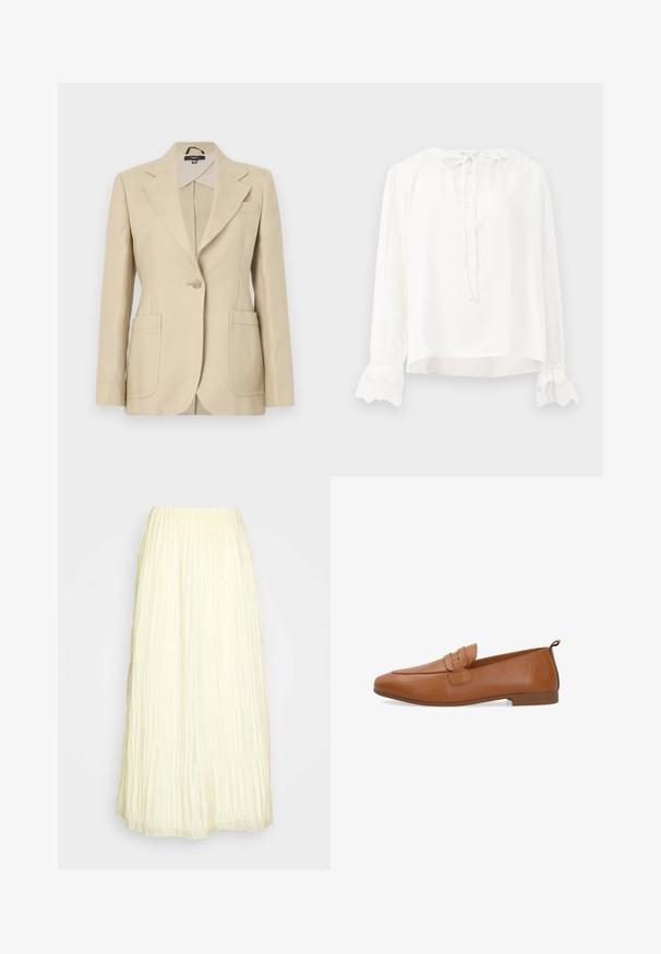 Beige skræddersyet blazer med reverskrave, enkelt knaplukning og to forlommer. Lavet af vævet stof med en glat tekstur.; Hvid langærmet bluse lavet af glat stof, med rund halsudskæring, knaplukning og blondebesatte håndled. Justeres med et bånd ved halsen.; By Malene Birger EXCLUSIVE ELISAS - Pliceret nederdel /Nederdele med folder - pearl; Brun læder slip-on loafer med lav hæl og dekorativ remdetalje på overdelen, set fra siden mod en hvid baggrund.
