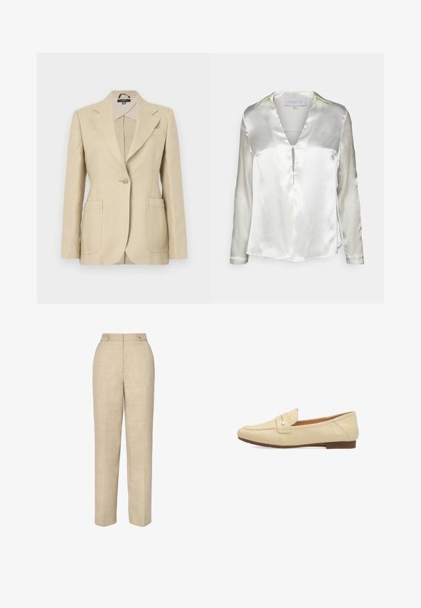 Beige gepaste blazer met een gekartelde revers, enkele knoopsluiting en twee voorkruizen. Gemaakt van geweven stof met een gladde textuur.; STUDIO ID ALYSSA - Blouse - champagne; Beige op maat gemaakte broeken van een gladde, gestructureerde stof, hoge taille en twee voorknopjes. Heeft een recht gesneden pijp en minimale stiksels.; Beige leren loafer met een klein gouden knopdetail, lage hak en gestikte moc toe design, getoond in zijaanzicht.