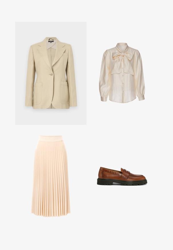 Beige gepaste blazer met een gekartelde revers, enkele knoopsluiting en twee voorkruizen. Gemaakt van geweven stof met een gladde textuur.; Crèmekleurige satijnen blouse met lange opgepofte mouwen, knoopsluiting aan de voorkant en een grote gestrikte strik bij de kraag.; Plissé midi-rok van zachte perzikkleurige stof. Voorzien van een gestructureerde tailleband en een vloeiend ontwerp met verticale plooien. Soepele, lichtgewicht materiaal.; Bruine leren loafers met een gestructureerd accent; ronde neus en gestikte details; robuuste zwarte rubberen buitenzool voor grip.