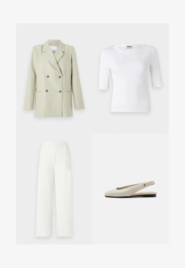 Blazer croisé en tissu vert clair. Présente des revers crantés, une poche poitrine et deux poches avant avec des boutons foncés.; T-shirt blanc à côtes avec un col rond et des manches mi-longues. Fabriqué en matériau doux avec une texture lisse. Étiquette visible au niveau du col.; Pantalons larges plissés blancs avec une taille élastique. Fabriqués en tissu léger, dotés de rayures verticales et d'une coupe fluide.; Chaussure plate slingback en cuir couleur crème avec un bout arrondi et un petit emblème doré sur la bride.