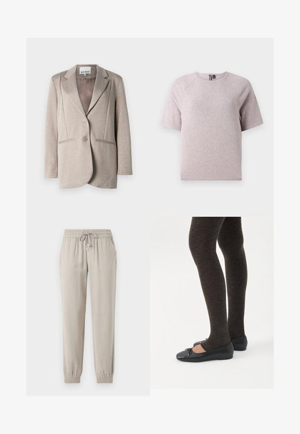 Lys grå hørgarn blazer med en blød tekstur, kraagede lapeller, to knapper og sidelommer. Foret indre i en ensfarvet farve.; Lys beige kortærmet t-shirt lavet af blødt, struktureret stof med runde udskæring og raglanærmer.; Lys beige jogger-bukser lavet af blødt stof, med en elastisk talje med snor, sidelommer og elastiske manchetter.; Ben iført mørke ribbede leggings kombineret med sorte balletsko med små sløjfedetaljer på hvid baggrund.