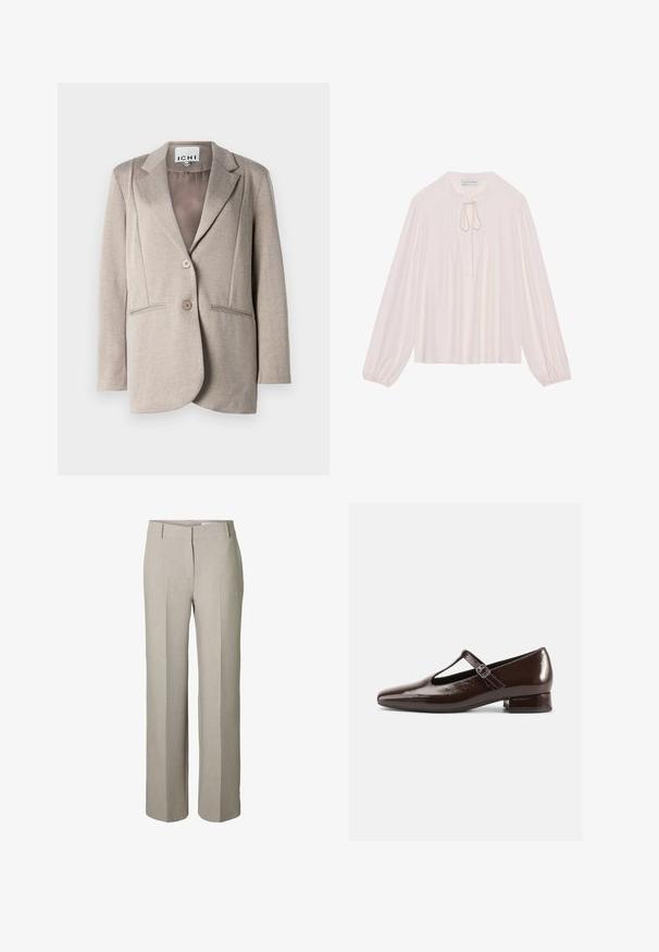 Blazer de espiga en gris claro con una textura suave, solapas de muesca, dos botones y bolsillos laterales. Interior forrado en un color sólido.; Blusa de manga larga rosa claro con cuello en forma de llave, lazo al cuello, parte delantera con pliegues y puños fruncidos. Tejido suave, corte relajado y diseño minimalista.; Pantalones beige de pierna recta con líneas de pliegues delanteros, cintura con trabillas para el cinturón y cierre frontal oculto.; Zapatos Mary Jane de charol marrón con punta redondeada, diseño recortado y una correa ajustable. Tacón bajo y ancho.