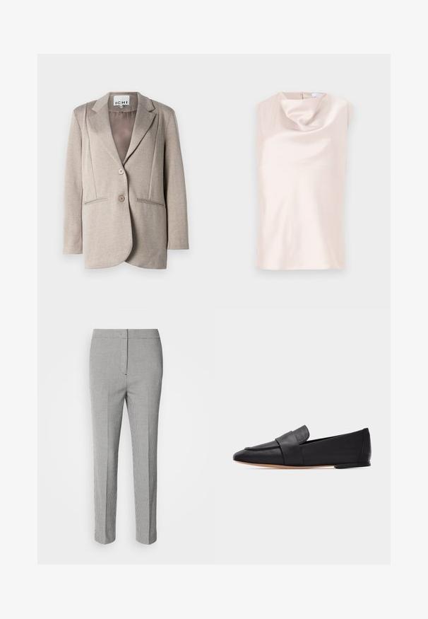 Blazer de espiga en gris claro con una textura suave, solapas de muesca, dos botones y bolsillos laterales. Interior forrado en un color sólido.; Top sin mangas de aspecto sedoso en un suave beige con un escote drapeado en forma de cuello de cisne. Cuenta con una cremallera trasera discreta y una textura lisa y brillante.; Pantalones de cuadros en tonos gris y negro con un diseño de pierna recta, que presentan una textura suave y una cintura estándar sin herrajes visibles.; Mocasín plano de cuero negro con punta puntiaguda, banda ancha en la parte frontal y suela marrón clara, mostrado de perfil sobre fondo blanco.